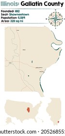 Map on an old playing card of Gallatin county in Illinois, USA.
