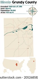 Map on an old playing card of Grundy county in Illinois, USA.