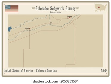 Map on an old playing card of Sedgwick county in Colorado, USA.