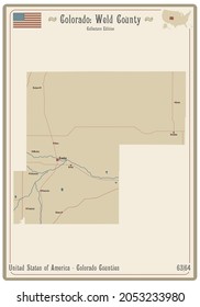 Map on an old playing card of Weld county in Colorado, USA.