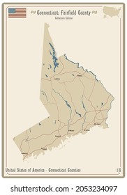 Map on an old playing card of Fairfield county in Connecticut, USA.