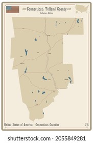 Map on an old playing card of Tolland county in Connecticut, USA.