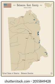 Map On An Old Playing Card Of Kent County In Delaware, USA.