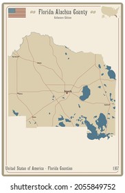 Map on an old playing card of Alachua county in Florida, USA.