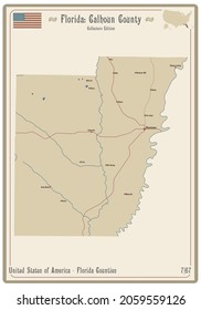 Map on an old playing card of Calhoun county in Florida, USA.