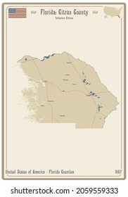 Map On An Old Playing Card Of Citrus County In Florida, USA.