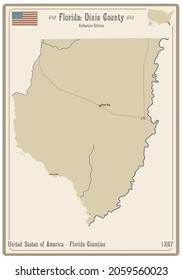 Map on an old playing card of Dixie county in Florida, USA.