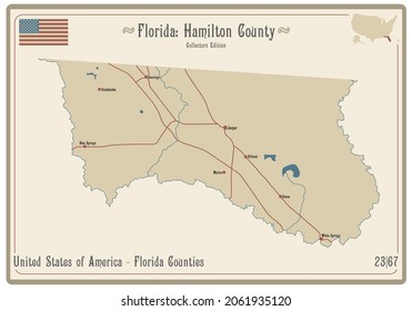 Map on an old playing card of Hamilton county in Florida, USA.