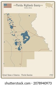 Map On An Old Playing Card Of Highlands County In Florida, USA.