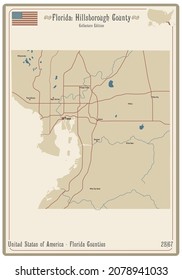 Map on an old playing card of Hillsborough county in Florida, USA.