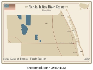 Map on an old playing card of Indian River county in Florida, USA.