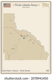 Map on an old playing card of Lafayette county in Florida, USA.