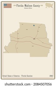 Map on an old playing card of Madison county in Florida, USA.