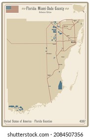 Map on an old playing card of Miami-Dade county in Florida, USA.