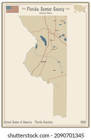 Map on an old playing card of Sumter county in Florida, USA.