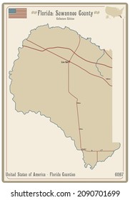 Map on an old playing card of Suwannee county in Florida, USA.