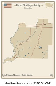 Map on an old playing card of Washington county in Florida, USA.
