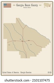 Map on an old playing card of Bacon county in Georgia, USA.