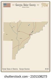 Map on an old playing card of Baker county in Georgia, USA.