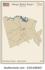 Map on an old playing card of Baldwin county in Georgia, USA.