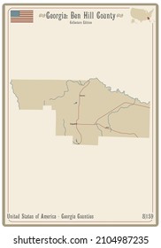 Map On An Old Playing Card Of Ben Hill County In Georgia, USA.