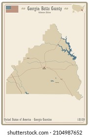 Map On An Old Playing Card Of Butts County In Georgia, USA.