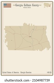 Map on an old playing card of Calhoun county in Georgia, USA.