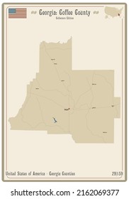 Map on an old playing card of Coffee county in Illinois, USA.
