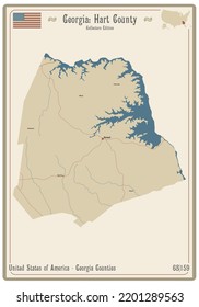 Map on an old playing card of Hart county in Georgia, USA.