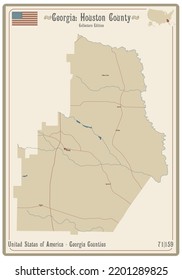 Map on an old playing card of Houston county in Georgia, USA.