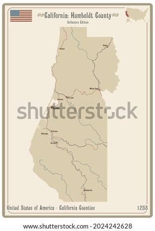 Map on an old playing card of Humboldt county in California, USA.
