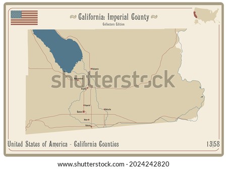 Map on an old playing card of Imperial county in California, USA.