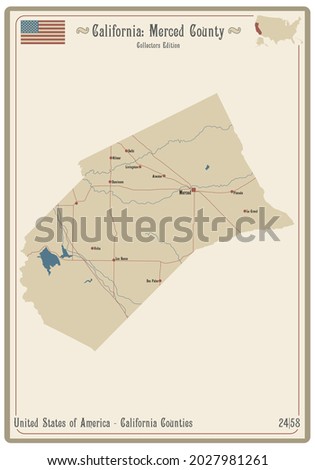 Map on an old playing card of Merced county in California, USA.