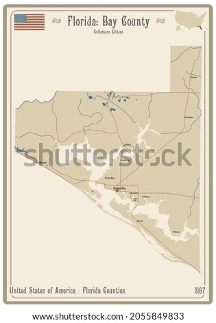 Map on an old playing card of Bay county in Florida, USA.