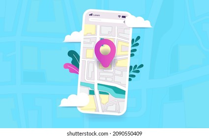 Map On Phone With Geotag Symbol - Smartphone With App Showing City Map And Destination. Colourful Vector Illustration