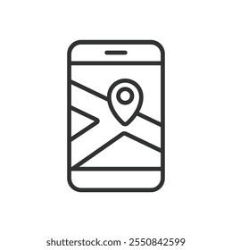 Map on a phone, icon in line design. Map, phone, GPS, mobile, location, navigation, app on white background vector. Map on a phone editable stroke icon