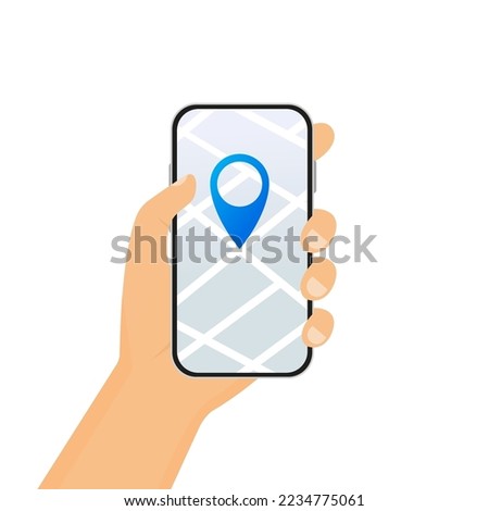 Map on phone my location with map navigation app on flat touch screen. Vector illustration