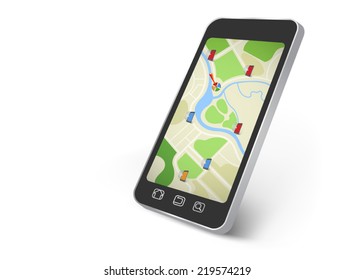 Map on the smart phone screen,GPS navigator on a white background