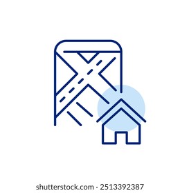 Mapa en el teléfono inteligente y ubicación de la casa. App móvil inmobiliario. Icono de trazo perfecto y editable del píxel