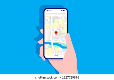 Mapa en smartphone - Una mano sostiene un teléfono con mapas en pantalla. Encontrar direcciones y asignar el concepto de aplicación. Ilustración vectorial.