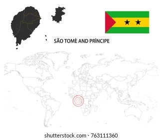 São Tomé and Príncipe map on a world map with flag on white background.