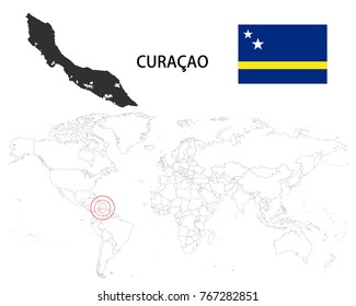 Curaçao map on a world map with flag on white background.