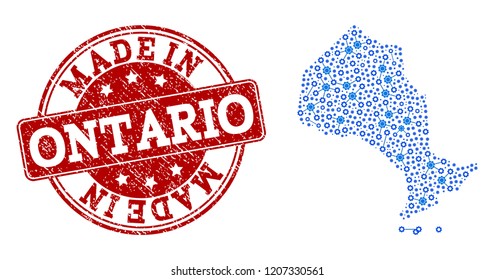 Map of Ontario Province vector mosaic and Made In grunge stamp. Map of Ontario Province formed with blue cog links. Made in red seal with distress rubber texture.