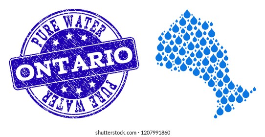 Map of Ontario Province vector mosaic and Pure Water grunge stamp. Map of Ontario Province formed with blue water tears. Seal with grunge rubber texture for pure drinking water.