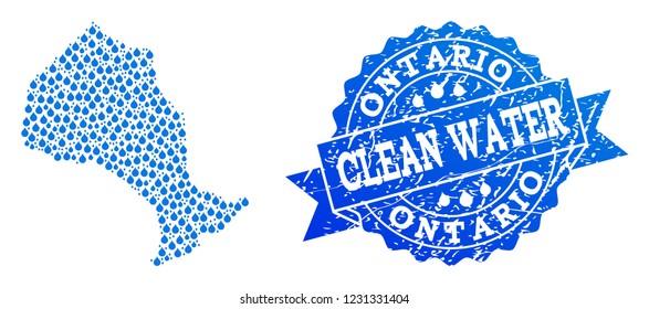 Map of Ontario Province vector mosaic and clean water grunge stamp. Map of Ontario Province designed with blue water drops. Seal with retro rubber texture for clean drinking water.