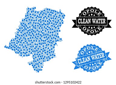 Map of Opole Province vector mosaic and clean water grunge stamp. Map of Opole Province composed with blue aqua dews. Seal with grunge rubber texture for pure drinking water.