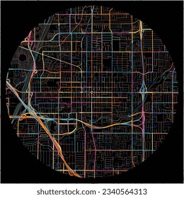 Map of Orange, California with all major and minor roads, railways and waterways. Colorful line art on black background.