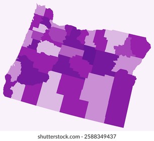 Map of Oregon with counties. Just a simple state border map with county division. Purple color palette. Blank State of Oregon shape with administrative division. Vector illustration.