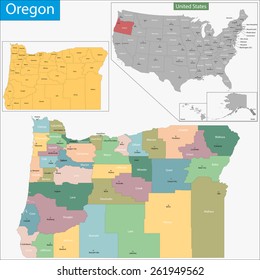 Map Of Oregon State Designed In Illustration With The Counties And The County Seats