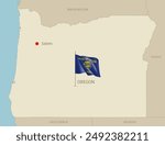 Map of Oregon USA federal state with waving flag. Highly detailed editable map of Oregon state with territory borders, neighboring states and Salem capital city vector illustration